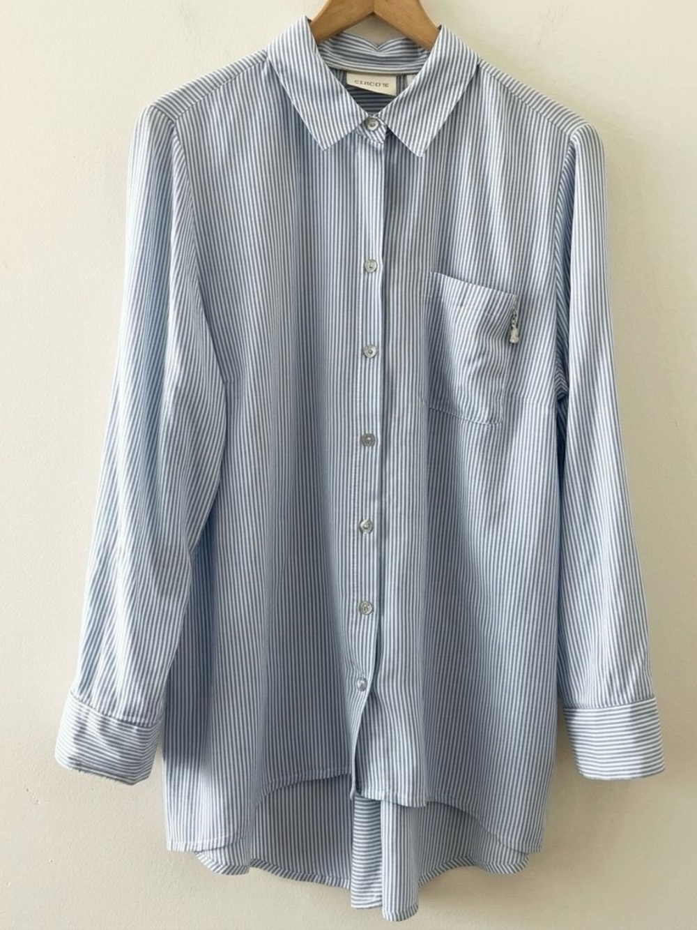 Chico’s Long Sleeve Blue & White Striped High-Low Button Up Shirt Tunic Size M